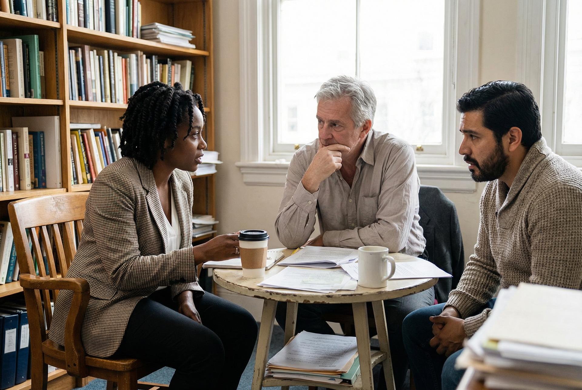 Three diverse Christian business owners in honest peer counsel
