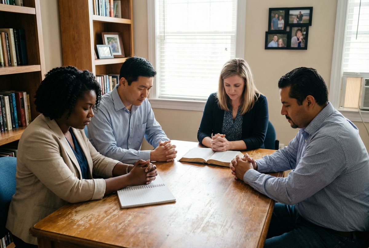 Diverse Christian business owners in prayer together
